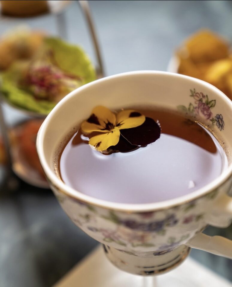 Floral china teacup with tea and edible pansy, afternoon tea at La Jungle de Plein, Milan